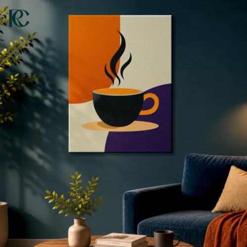 Minimalist coffee mug with steam on a vibrant, colorful background, abstract wall art.