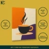 Minimalist black coffee mug with orange steam on a vibrant, abstract colorful background.