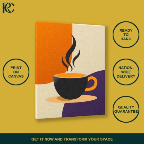 Minimalist black coffee mug with orange steam on a vibrant, abstract colorful background.