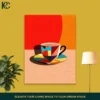 Abstract geometric coffee mug and saucer wall art with vibrant colors.