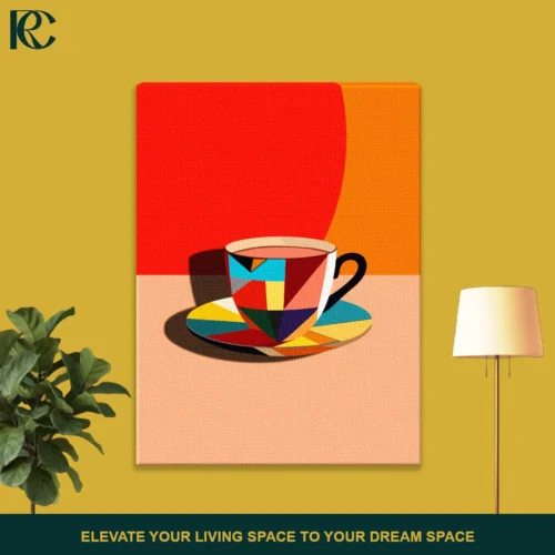 Abstract geometric coffee mug and saucer wall art with vibrant colors.