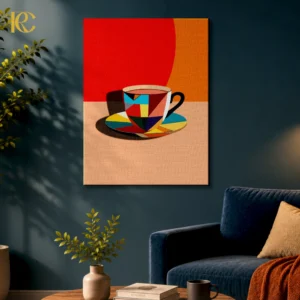Abstract coffee mug with steam on a colorful geometric background, minimalist wall art.