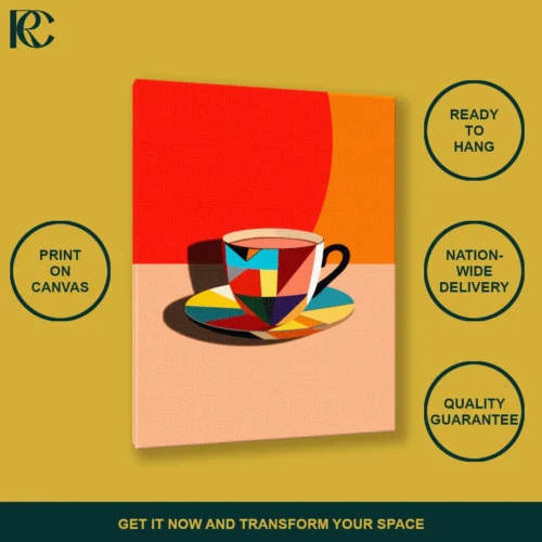 Abstract geometric coffee mug with steam on a colorful background, canvas print.