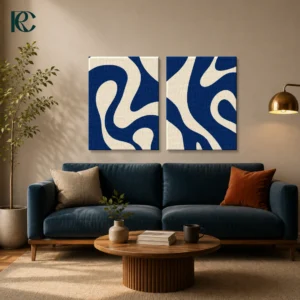 Minimalist creamy white & blue fluid organic shapes set of 2 modern wall art