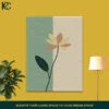 Minimalist flower wall art with green leaf on a split green and beige background.