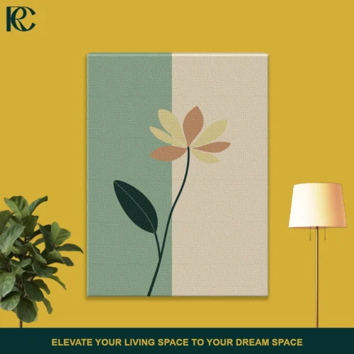 Minimalist flower wall art with green leaf on a split green and beige background.