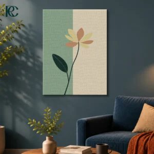 Minimalist Flower Plant With Green Leaf On Two Tone Background Wall Art Room Mockup Minimalist flower plant wall art with green leaf on a two-tone background, Balanced Stones style.