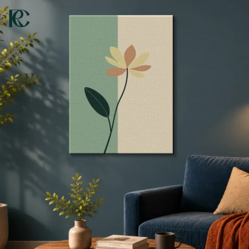 Minimalist flower plant wall art with green leaf on a two-tone background, Balanced Stones style.