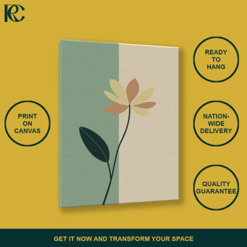 Minimalist flower art with a green leaf on a two-tone background, part of the Balanced Stones collection.