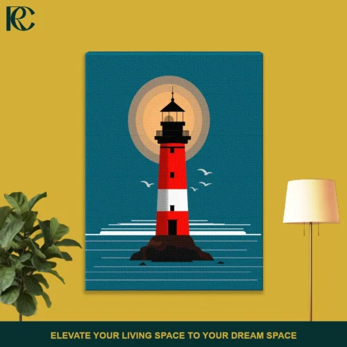 Minimalist lighthouse wall art with ocean, sun, and flying birds illustration.
