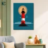 Minimalist red and white lighthouse illustration on a teal background with a sun and birds.