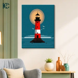 Minimalist Lighthouse In Ocean And Flying Birds Wall Art Room Mockup Minimalist red and white lighthouse illustration on a teal background with a sun and birds.