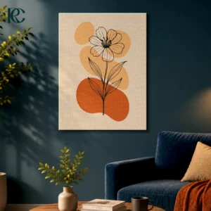 Minimalist Line Art Illustration Of Flower Plant With Orange Shapes Wall Art Room Mockup Image Minimalist line art flower illustration with abstract orange shapes, beige textured background.