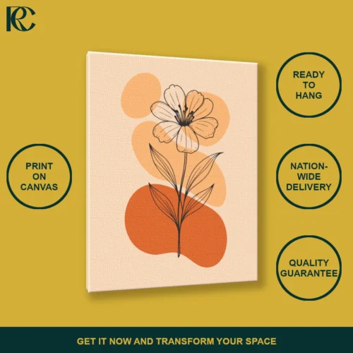 Minimalist Line Art Illustration Of Flower Plant With Orange Shapes Wall Art Side Angle Image Minimalist line art illustration of a flower plant with orange shapes, printed on canvas.