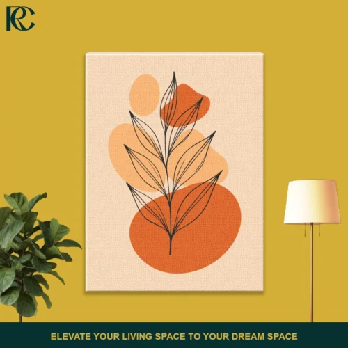 Minimalist abstract wall art featuring a line drawing of a flower plant with green leaves on a textured, two-tone background.