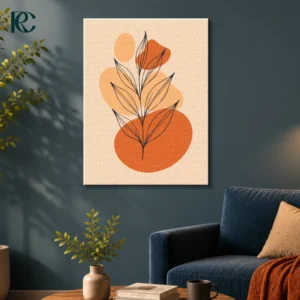 Minimalist Line Art Illustration Of Plant Leaves With Orange Shapes Wall Art Room Mockup Image Minimalist wall art featuring a line drawing of a flower plant with green leaves on a textured two-tone background.