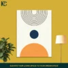 Minimalist wall art with navy blue circle, orange semi-circle, and black arch lines.