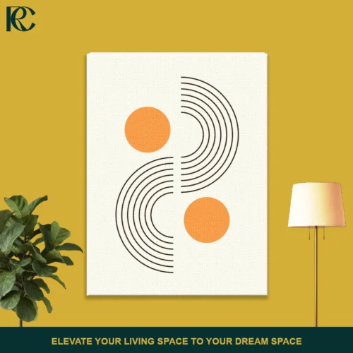Abstract geometric wall art with navy blue semi-circles and arch lines on a cream background.