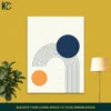 Minimalist wall art with navy blue geometric semi-circles and arch lines on a textured cream background.