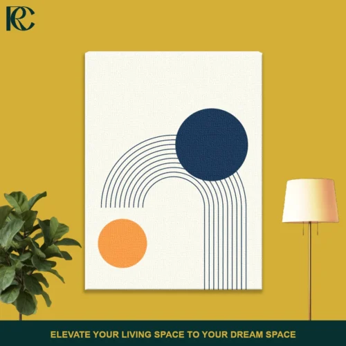 Minimalist wall art with navy blue geometric semi-circles and arch lines on a textured cream background.