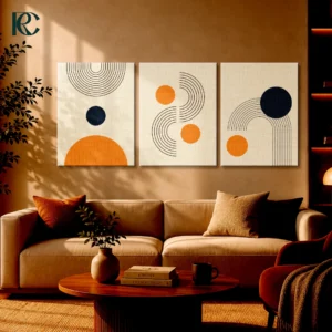Set of 3 minimalist navy blue geometric semi-circles and arch lines wall art canvases.