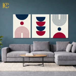 Minimalist navy blue & red balanced harmony arches & circles set of 3 wall art