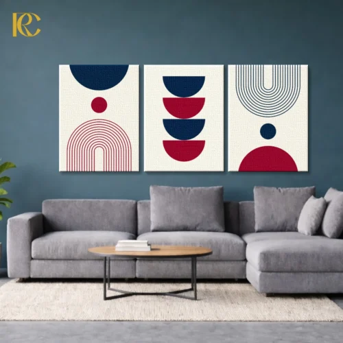 Minimalist navy blue & red balanced harmony arches & circles set of 3 wall art