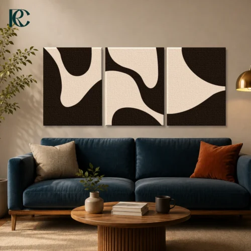Minimalist Peaceful Flowing Dark Light Organic Shapes Set Of 3 Wall Art Room Mockup Image Minimalist peaceful flowing dark & light organic shapes set of 3 wall art