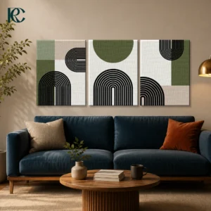 Minimalist peaceful olive green blocks with balanced arches set of 3 wall art