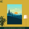 Minimalist mountain landscape wall art with trees and a sunset.
