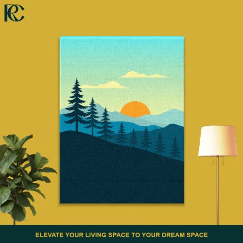 Minimalist mountain landscape wall art with trees and a sunset.