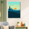 Minimalist landscape wall art with pine trees, mountains, and a sunset.