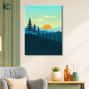 Minimalist Pine Trees Forest With Sun On Blue Mountains Landscape Wall Art Room Mockup Image Minimalist landscape wall art with pine trees, mountains, and a sunset.