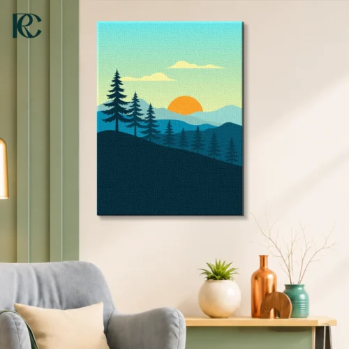 Minimalist landscape wall art with pine trees, mountains, and a sunset.
