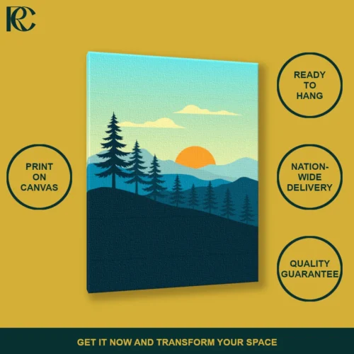 Minimalist mountain landscape canvas print with sun and trees, ready to hang.
