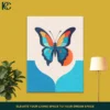 Minimalist wall art featuring a vibrant, colorful butterfly on a textured canvas with abstract blue shapes.