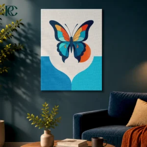 Minimalist Vibrant Colorful Butterfly Wall Art Room Mockup Image Minimalist vibrant colorful butterfly wall art with abstract blue and orange background.