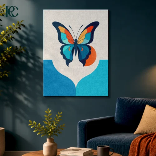 Minimalist vibrant colorful butterfly wall art with abstract blue and orange background.