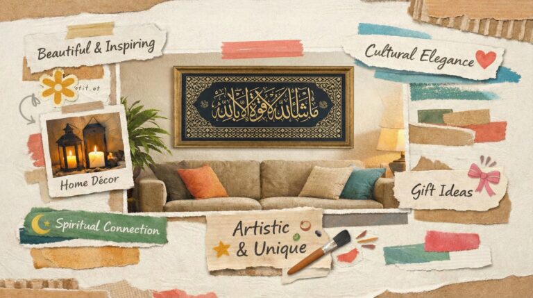 Arabic calligraphy wall art print above a sofa, with decorative elements and text.