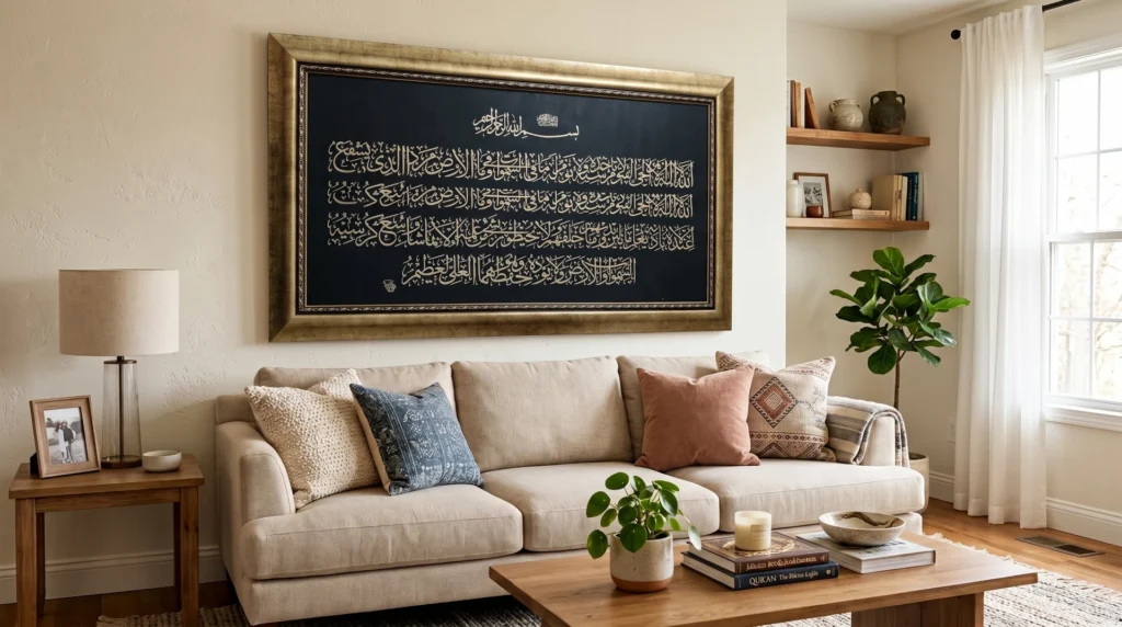 Textured canvas Arabic calligraphy print with Ayatul Kursi hanging above a living room sofa