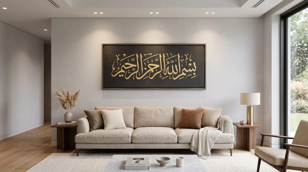 Arabic calligraphy wall art print above a modern sofa in a living room